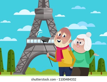 Smiling old couple doing selfie on background of Eiffel tower in Paris. Active elderly concept with retired people around the world. Senior couple traveling by famous attractions vector illustration.