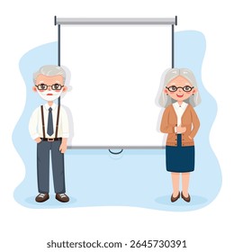 Smiling old couple man and woman in office casual clothes stand in front of interactive whiteboard on white background. Education concept. Poster, banner. Vector illustration in flat style