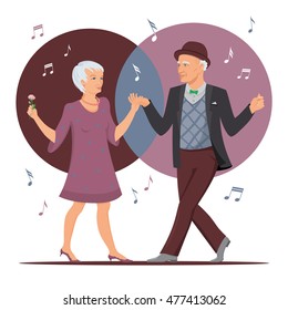 Smiling, old, fashionable couple, dancing together to Celebrate Grandparents Day. Elegant is following them, leading a healthy lifestyle, old people, having fun with music, enjoy your love. Isolated.