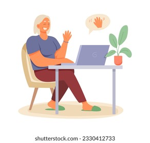 Smiling old female sitting at table and talking with family via video call. Modern senior woman working on computer. Communicate via portable computer concept. Flat vector illustration in warm colors