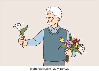 Smiling old grandfather give flower greeting with international women day. Happy elderly man congratulate with floral bouquet. Vector illustration. 