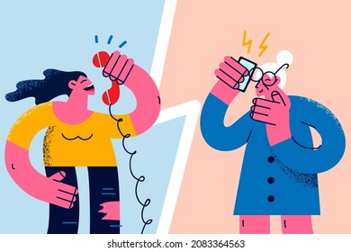 Smiling old grandmother and millennial granddaughter talk on phone. Happy mature and young women have telephone call laughing joking. Technology, communication concept. Vector illustration. 