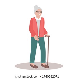 Smiling old lady with disabilities walking . Flat vector illustration