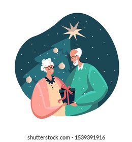 Smiling old lady, man Celebrating New Year and Xmas Happy pensioners couple hug near Christmas tree Pensioners anticipte holiday festivity rejoicing presenting a gift. Cartoon Flat Vector Illustration