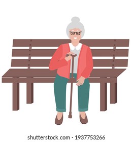 Smiling old lady sitting on bench with disabilities. Flat vector illustration