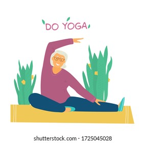 Smiling old lady stretching on yoga mat surrounded with plants. Motivational banner for seniors. Flat vector illustration.
