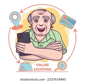 Smiling old male using smartphone to shop online. Paying with credit card, cashless concept. Profitable shopping day concept. Flat vector illustration in cartoon style
