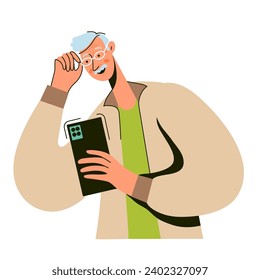 Smiling old man holding smartphone, reading message.