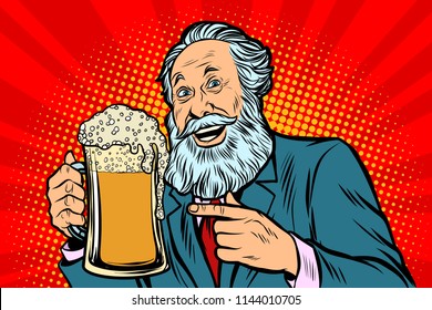 Smiling old man with a mug of beer foam. Comic cartoon pop art retro vector illustration drawing