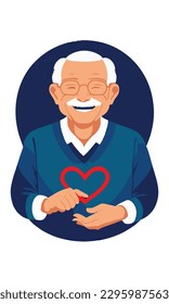Smiling old man show heart symbol feel grateful vector image illustration. A single person stands in a cheerful cartoon world, surrounded by bright colours and smiles.