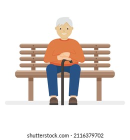 Smiling old man sitting on a bench. Vector illustration of a man with a cane. Isolated on white background.