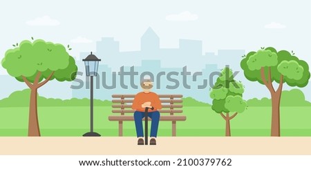 Smiling old man sitting on a bench in a city park. Vector illustration of a man with a cane.