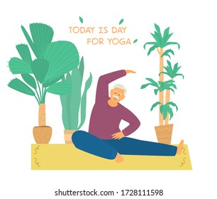 Smiling old man stretching or practicing yoga on mat surrounded with plants. Active retirement. Motivational banner for seniors. Flat vector illustration.