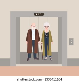 Smiling old man and woman with canes standing in elevator with open doors. Cute funny elderly couple waiting inside lift stopped on floor of building. Flat cartoon colorful vector illustration.