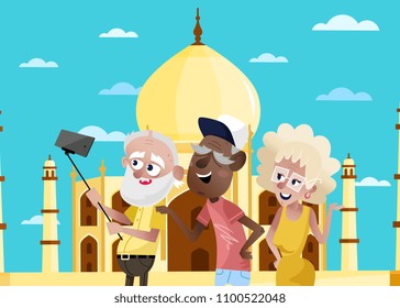 Smiling old people doing selfie on background of Taj Mahal in India. Active elderly concept with retired people around the world. Senior people traveling by famous attractions vector illustration.