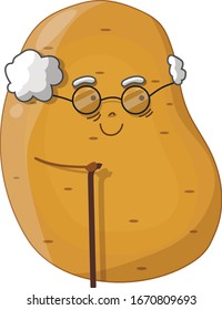 Smiling old potato, with stick, with glasses and white hair, cartoon style, vector illustration isolated on white background