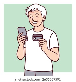 Smiling old senior male character paying online using smartphone and credit card. Represents convenience of digital banking, mobile payments, and e-commerce platforms