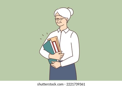 Smiling old teacher with books and journals in hands at work. Happy elderly employee at work. Mature people working. Vector illustration. 