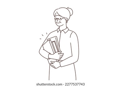 Smiling old teacher with books and journals in hands at work. Happy elderly employee at work. Mature people working. Vector illustration. 