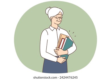 Smiling old teacher with books and journals in hands at work. Happy elderly employee at work. Mature people working. Vector illustration.