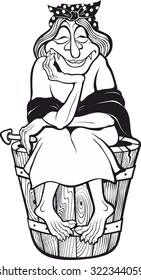 Smiling old witch with mushroom in hand on a wooden bucket