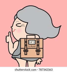 Smiling Old Woman Carrying Her School Bag. Concept Of We Never Too Old To Learn Concept Card Character illustration