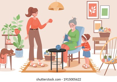 Smiling old woman in comfortable armchair knitting scarf vector flat illustration. Woman and her daughter giving grandmother wool and cotton yarn. Family in living room engaged in needlework.