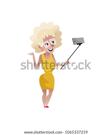 Smiling old woman doing selfie character. Happy old people lifestyle isolated on white background vector illustration.