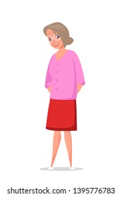 Smiling old woman flat vector illustration. Happy gray hair lady in glasses cartoon character. Cheerful grandmother with wrinkles in red skirt. Elderly care, nursing home, retirement, senility