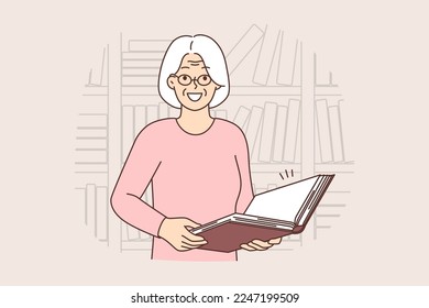 Smiling old woman in glasses with book in library. Happy mature gray-haired grandmother work in bookstore or bookshop. Vector illustration. 