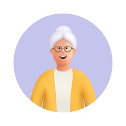 Smiling Old Woman, Senior Lady Avatar. Grandmother Wearing Glasses, With Grey Hair. 3d Vector People Character Illustration. Cartoon Minimal Style.