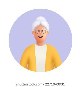 Smiling old woman, senior lady avatar. Grandmother wearing glasses, with grey hair. 3d vector people character illustration. Cartoon minimal style. - Shutterstock ID 2271040901