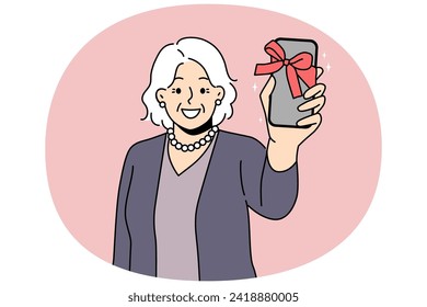 Smiling old woman show smartphone with bow as present. Happy mature grandmother excited with new cellphone gift. Elderly and technology. Vector illustration.