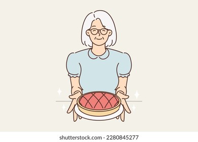 Smiling older grandmother in glasses hold homemade pie in hands. Happy mature woman offer tasty cake. Elderly hobby concept. Vector illustration. 