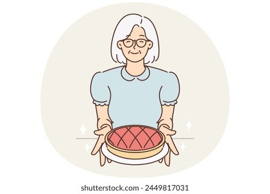 Smiling older grandmother in glasses hold homemade pie in hands. Happy mature woman offer tasty cake. Elderly hobby concept. Vector illustration.