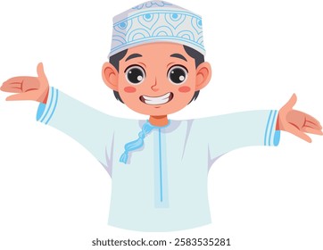 A smiling Omani child raises both hands with excitement, wearing a white dishdasha and an intricately patterned kuma that reflects Omani heritage. His eyes shine with joy.