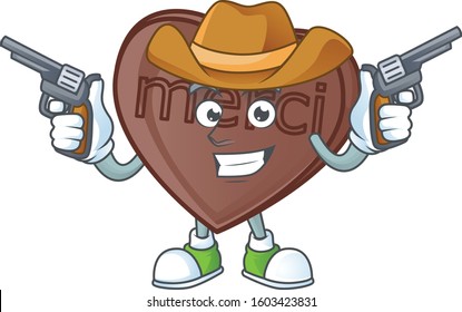 Smiling one bite love chocolate mascot icon as a Cowboy holding guns