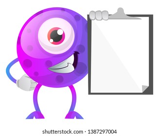Smiling one eyed monster holding a notepad illustration vector on white background
