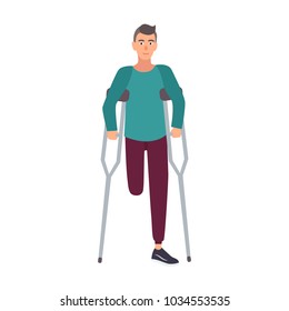 Smiling one-legged man or boy with amputated leg standing or walking with crutches. Happy male cartoon character with physical disability or impairment. Cute flat colorful vector illustration.