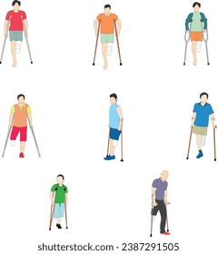 Smiling one-legged man or boy with amputated legs standing or walking with crutches. Happy male cartoon character with physical disability or impairment. 