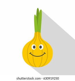 Smiling onion with fresh green sprout icon. Flat illustration of smiling onion with fresh green sprout vector icon for web on white background
