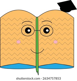 A smiling open textbook with cute eyes and graduation cap, perfect for school-themed educational designs.