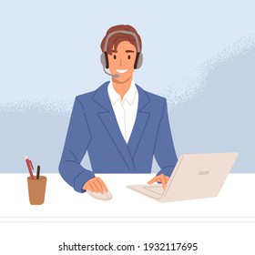 Smiling operator of call center in headset consulting customers online. Support agent working at helpline service. Colored flat vector illustration of business consultant at workplace