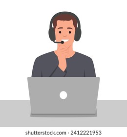 Smiling operator of call center in headset consulting customers online. Support agent working at helpline service. Flat vector illustration isolated on white background