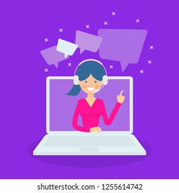 Smiling operator on computer screen with headphones and microphone. flat vector illustration on purple background. Call center girl help with headset on laptop. consulting, job online, internet