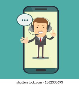 Smiling operator working at call center. Customer service concept.
