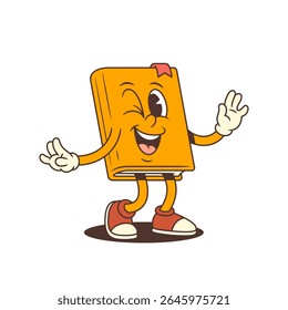 Smiling orange book cartoon character winking joyfully with arms open in a playful dancing pose. Positive attitude and friendly style. Perfect for educational content. Vector illustration