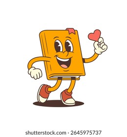 Smiling orange cartoon book mascot wearing red sneakers and holding a small red heart in one hand. Cheerful and cute character suitable for education and love-themed projects. Vector illustration