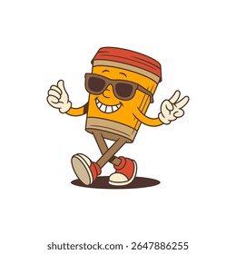 Smiling orange coffee cup mascot with red lid wearing sunglasses walking proudly and showing victory and thumbs up gestures. Suitable for branding, advertising, or social media. Vector illustration