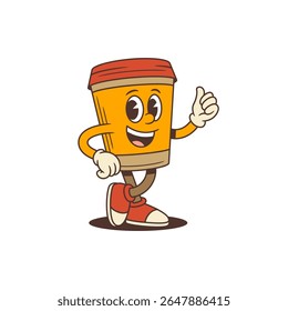 Smiling orange coffee cup mascot with expressive eyes in retro cartoon style. Suitable for cafe branding, drink promotions, packaging design. Isolated colorful vector illustration